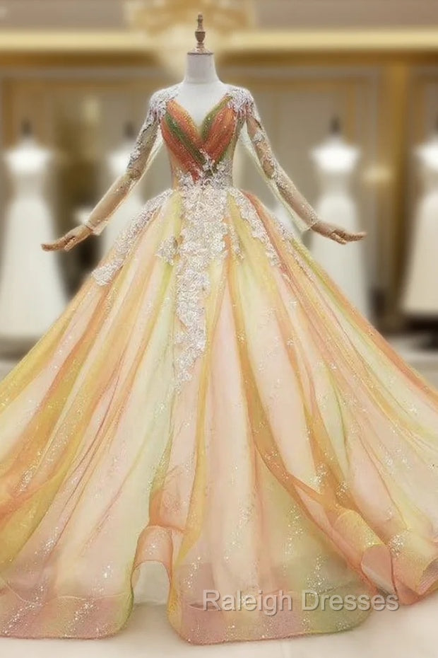 Find Plenty Of Champagne Ball Gown Tulle Long Sleeve V-neck Appliques Wedding Dress