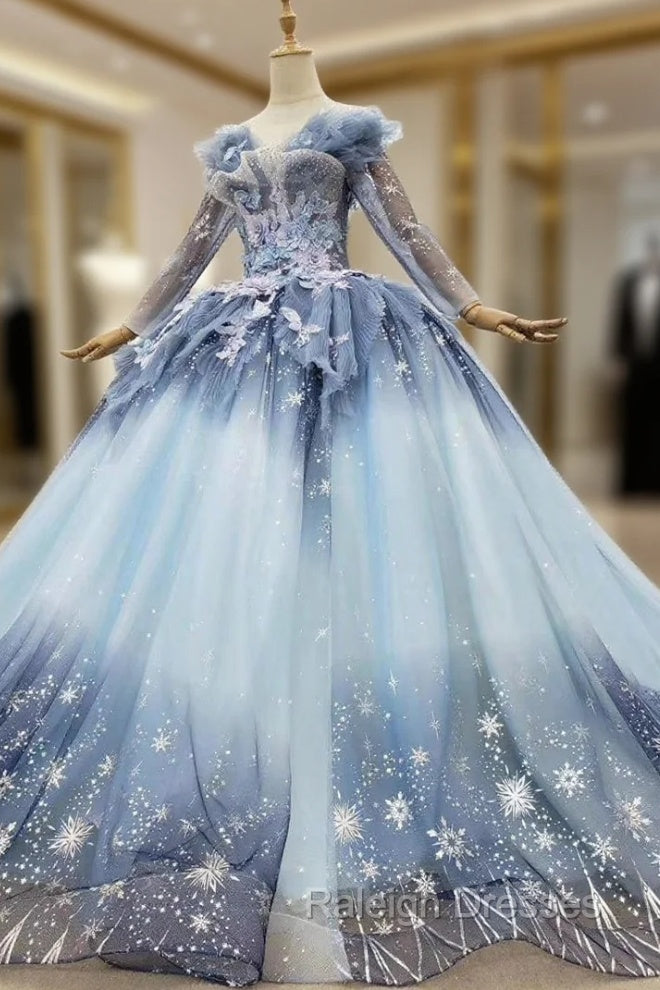 Find The Perfect Shade Of Blue Ball Gown Tulle Sequins Long Sleeve Appliques Beading Prom Dress