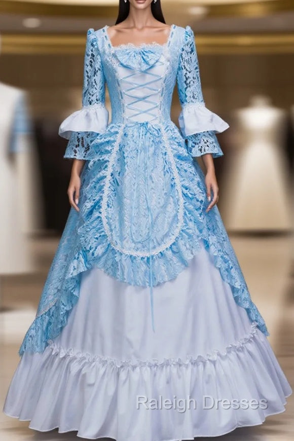 Find The Perfect Shade Of Blue Lace White Satin Square Long Sleeve Victorian Dress Prom Dress