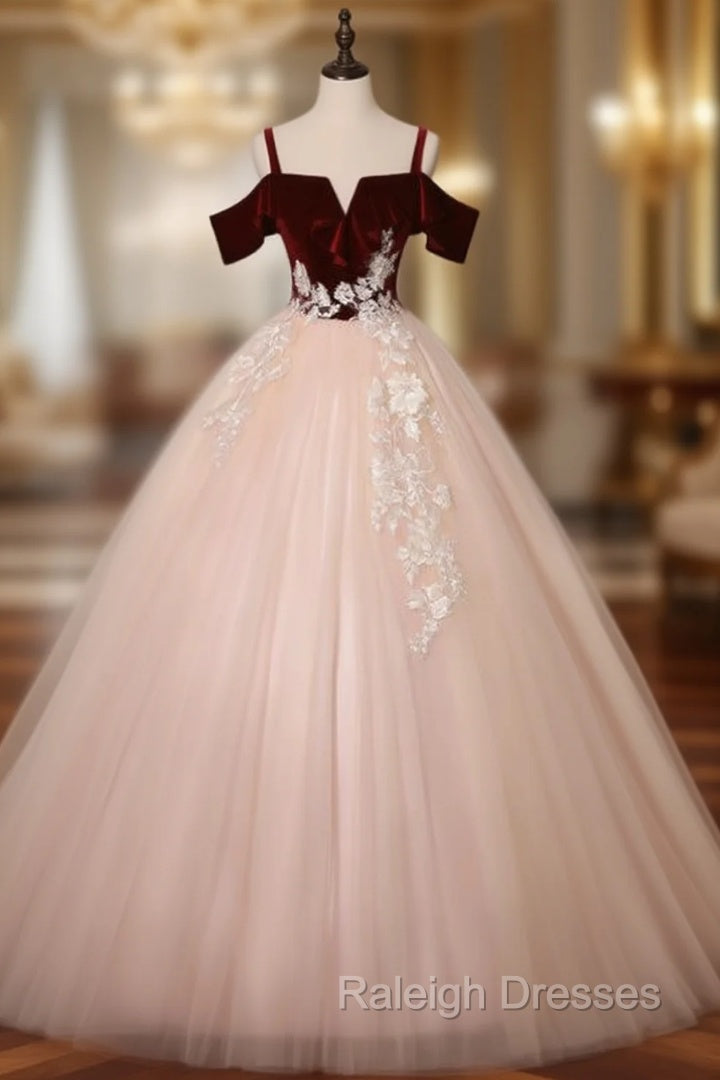 Find Your Dress For Prom! Burgundy Velvet Pink Tulle Spagehtti Straps Appliques Quinceanera Dress Main image