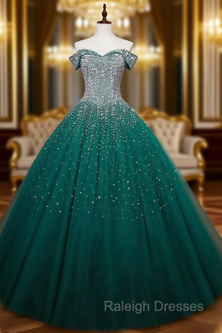 Find Your Dress For Prom! Dark Green Ball Gown Tulle Off the Shoulder Beading Sequins Quinceanera Dress