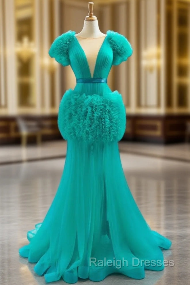 Find Your Dress For Prom! Green Mermaid Tulle Reffuls Pleats Long Prom Dress Main image