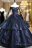 Find Your Dress For Prom! Navy Blue Ball Gown Tulle Appliques Off the Shoulder Beading Quinceanera Dress