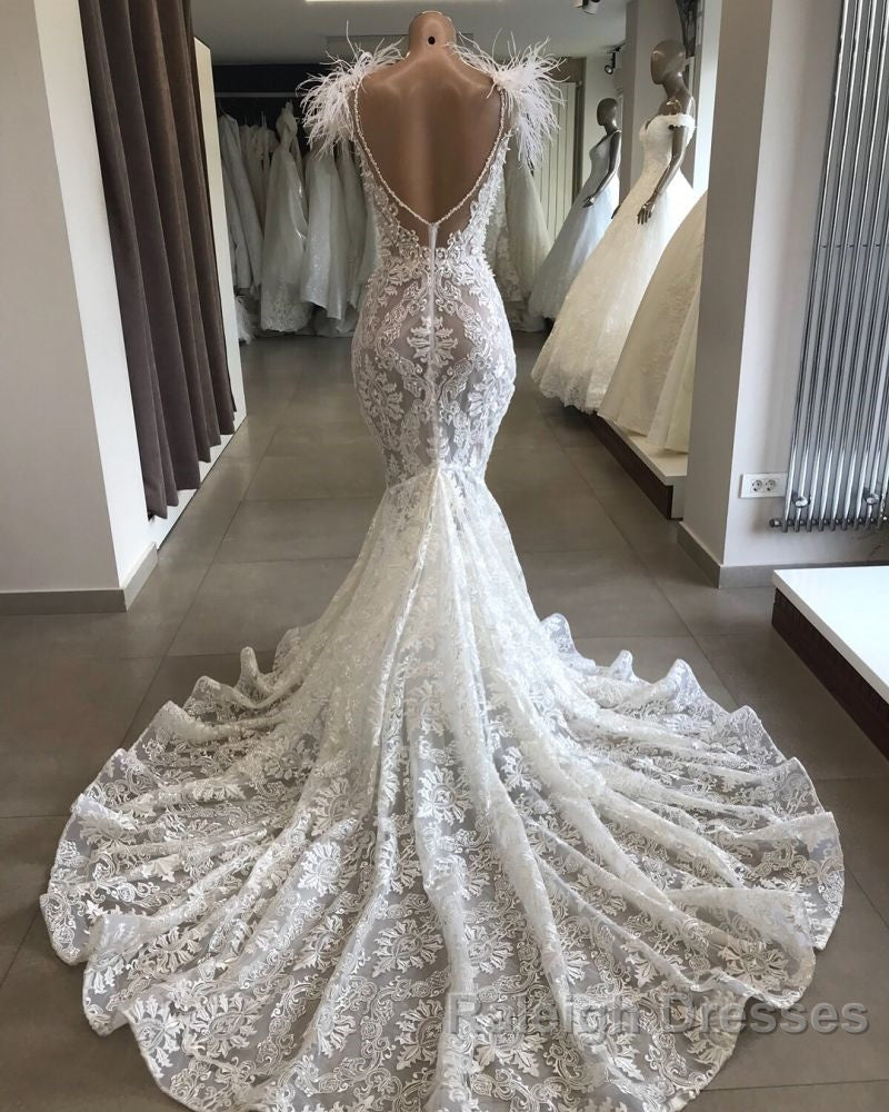 Fit and Flare Lace Crystals Necklace Wedding Dresses Open Back Bridal Gowns with Feather Secondary image