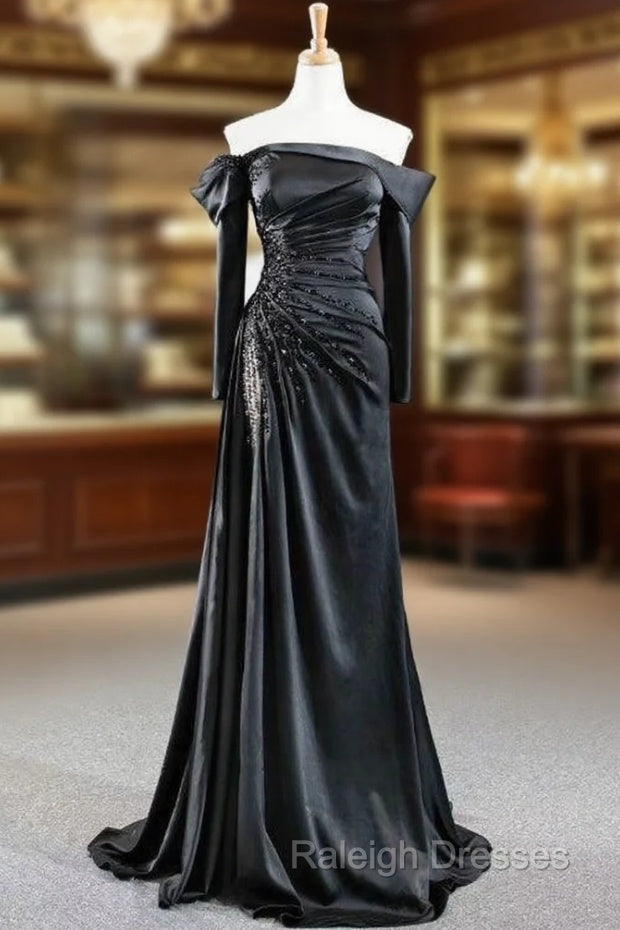 Fit Your Body Type Black Mermaid Satin Off the Shoulder Long Sleeve Beading With Removable Sleeve