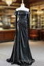 Fit Your Body Type Black Mermaid Satin Off the Shoulder Long Sleeve Beading With Removable Sleeve