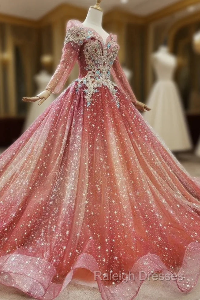 Fit Your Body Type Red Ball Gown Tulle Sequins Long Sleeve Beading Crystal Wedding Dress