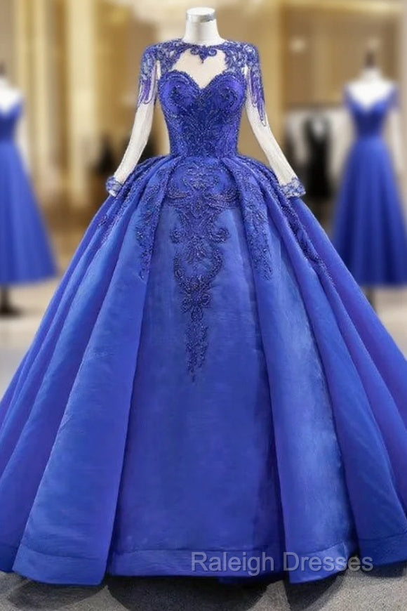 Fit Your Body Type Royal Blue Ball Gown Organza Beading Long Sleeve Prom Dress Main image