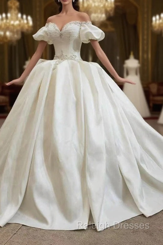 Fit Your Fashion Sense Ivory White Ball Gown Satin Puff Sleeve Beading Backless Wedding Dress