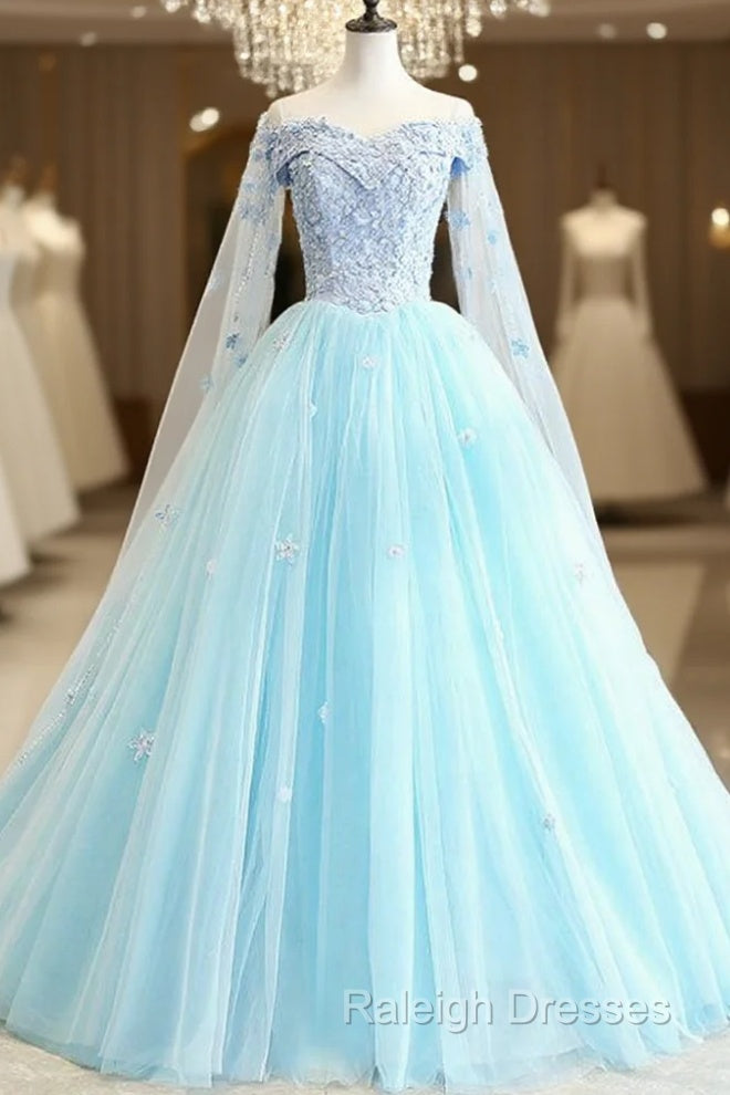 Fit Your Fashion Sense Light Blue Ball Gown Tulle Off the Shoulder Appliques Quinceanera Dress Main image