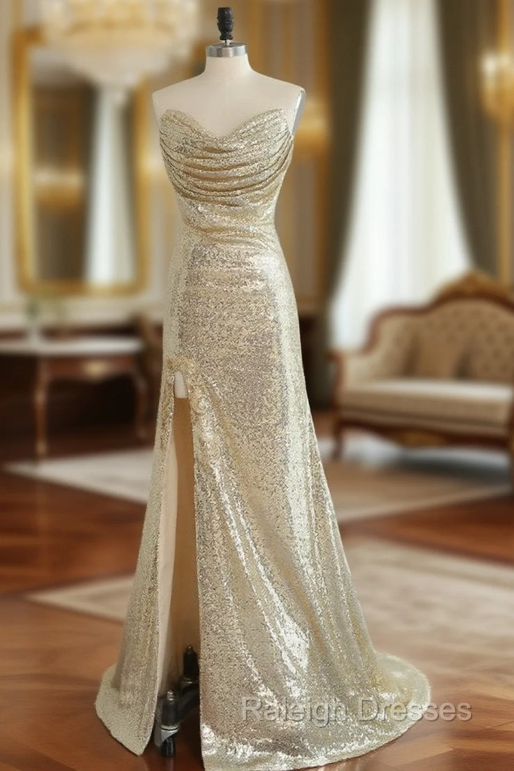 Fitted Light Gold Sexy High Split Prom Dresses Mermaid Sweetheart