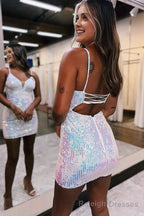 Fitted V Neck Spaghetti Straps Sequined Homecoming Dress