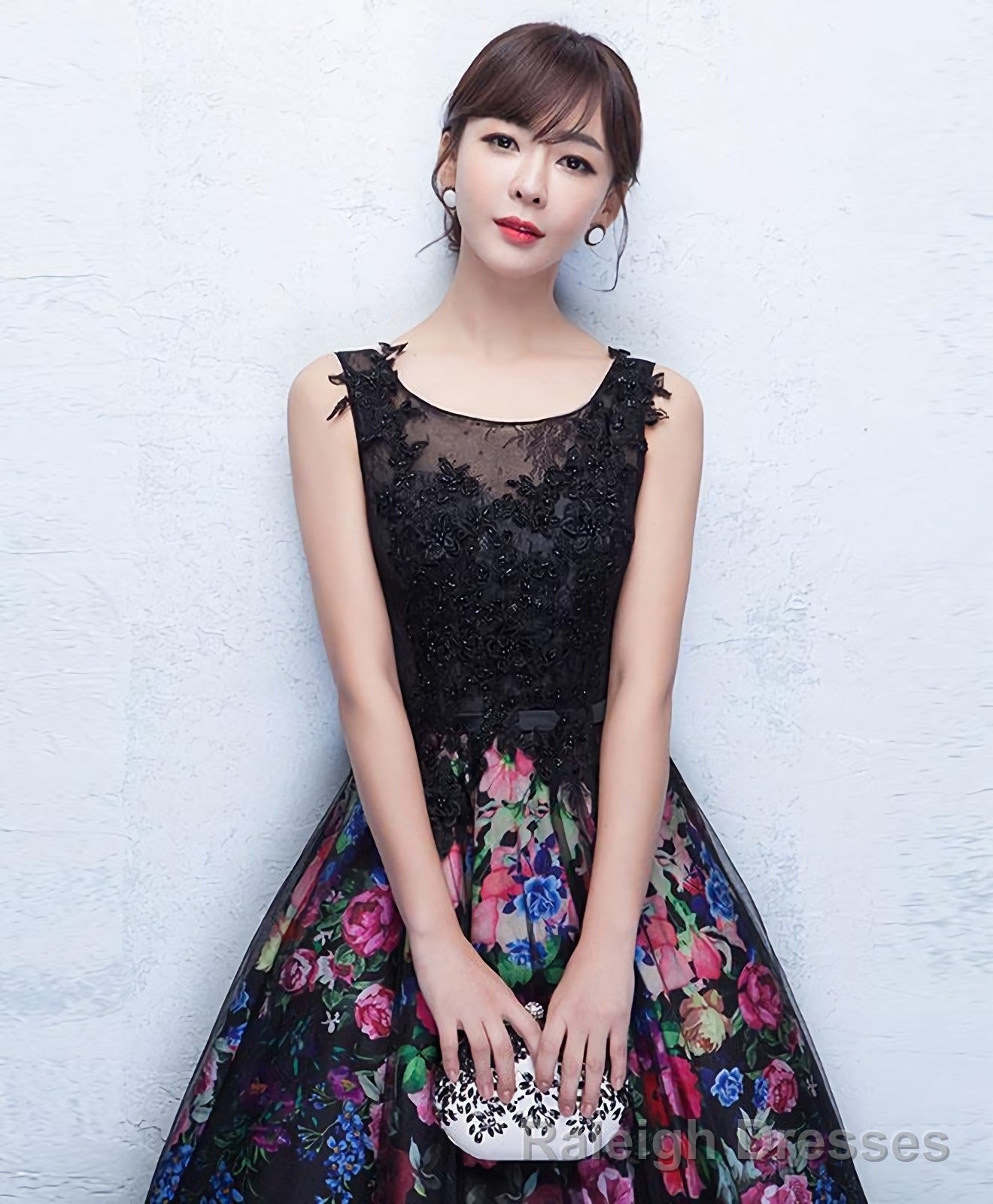 Black Floral Patterns Long Prom Dress Black Evening Dress