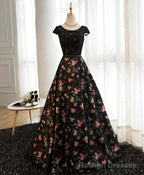 Black Lace Floral Patterns Long Prom Dress, Black Prom Dress
