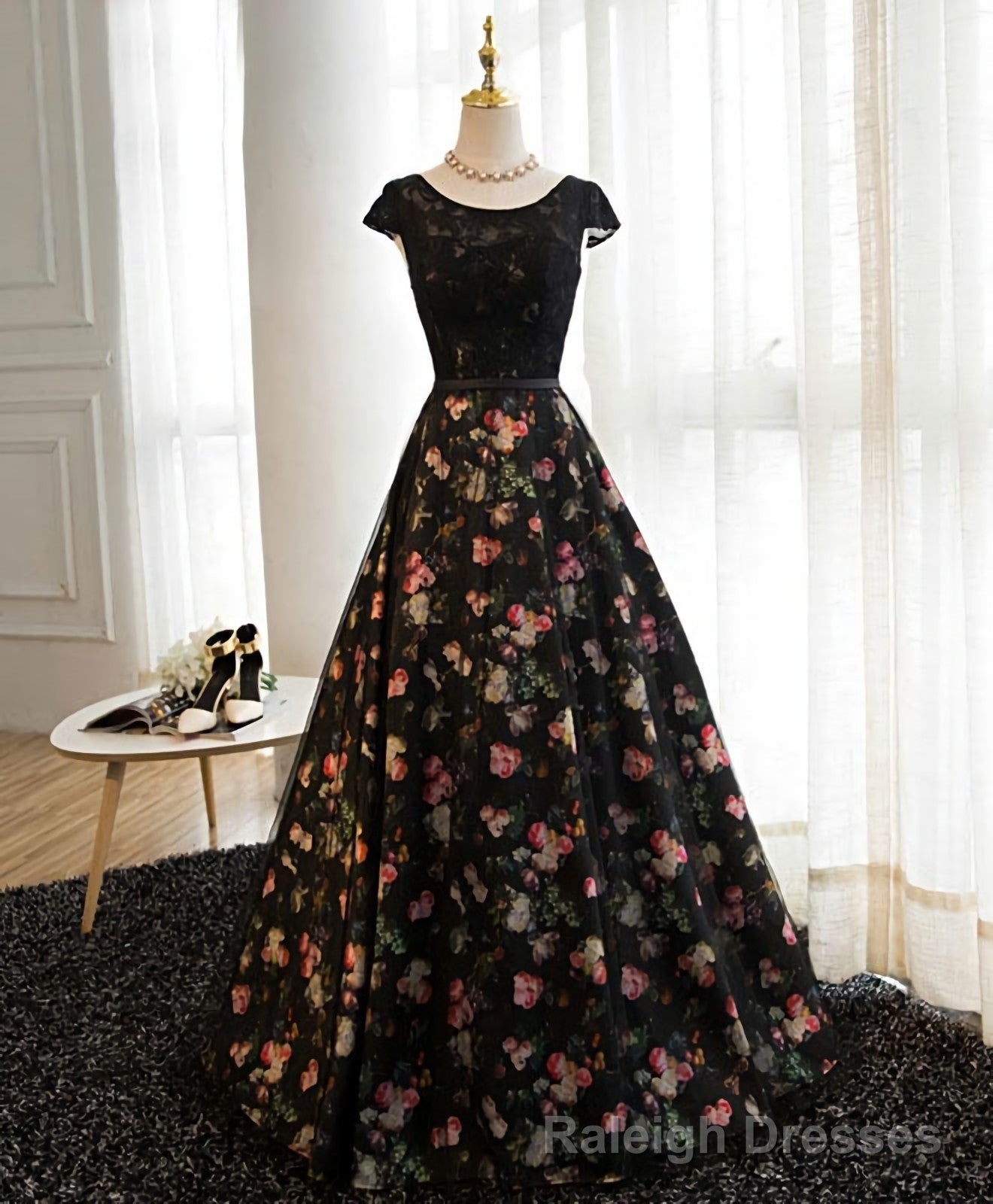 Black Lace Floral Patterns Long Prom Dress, Black Prom Dress