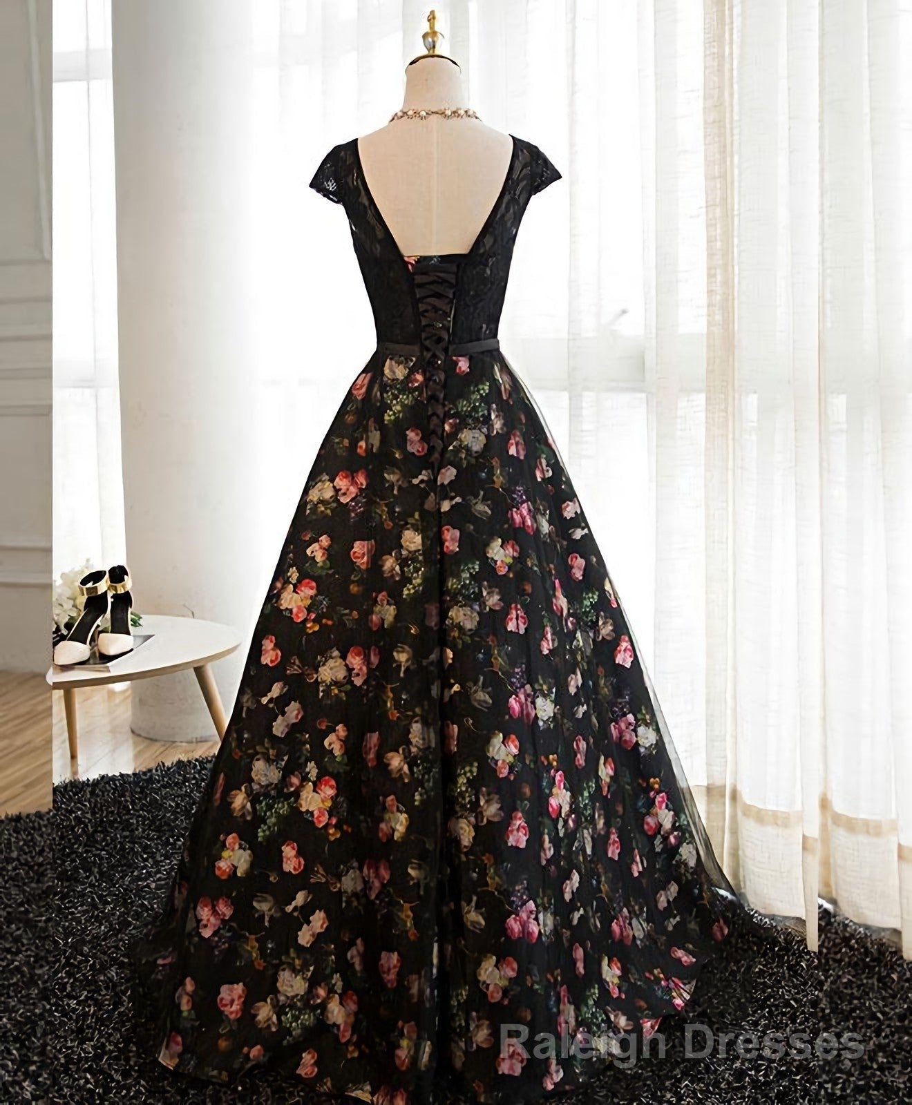 Black Lace Floral Patterns Long Prom Dress, Black Prom Dress