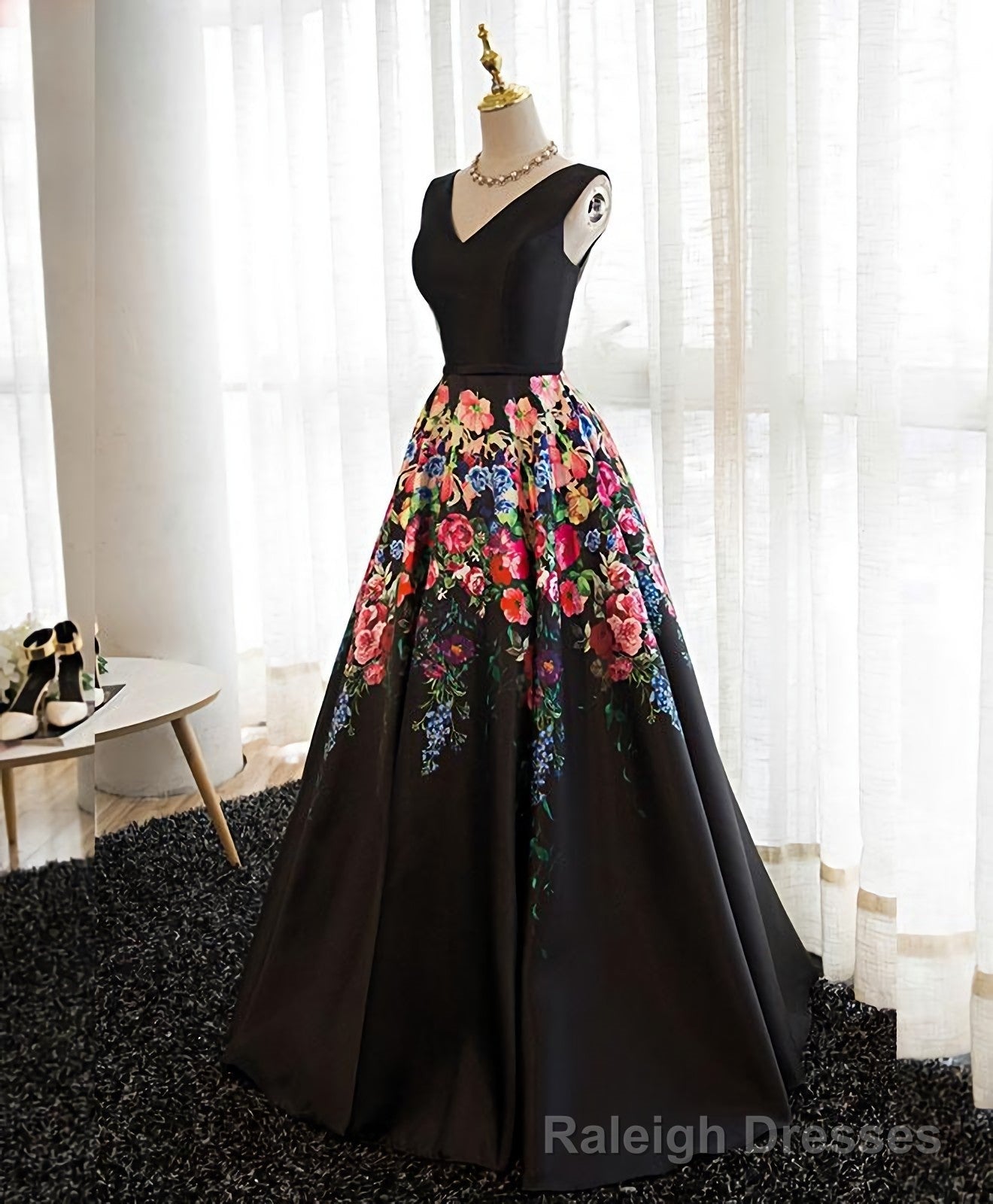 Black V Neck Floral Patterns Long Prom Dress, Black Evening Dress Main image