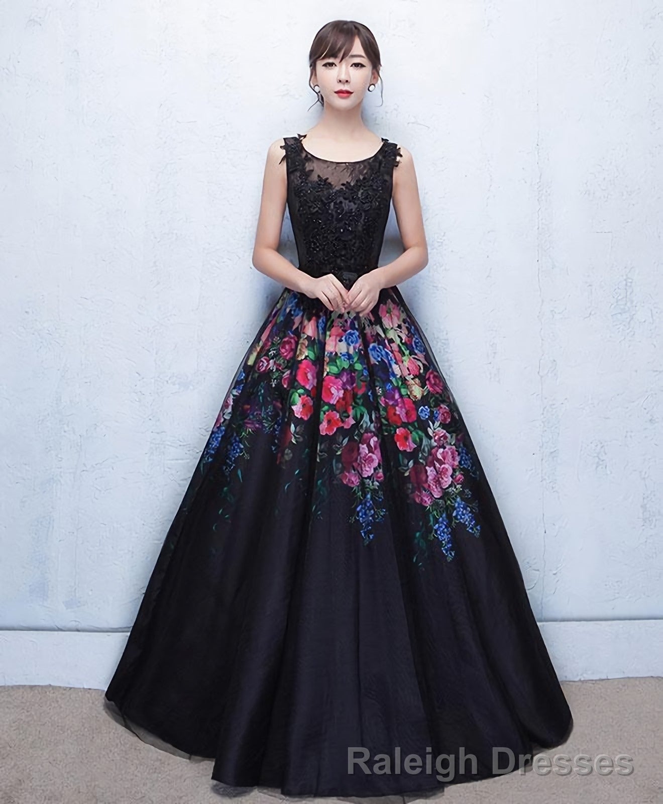 Black Floral Patterns Long Prom Dress Black Evening Dress Main image
