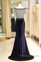 Fleece & Lace Scoop Short Sleeve Mermaid Evening Dress