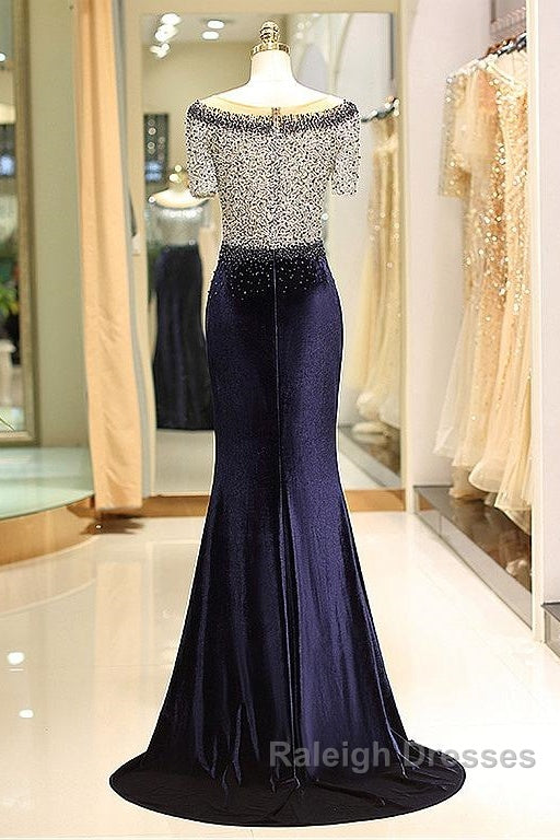 Fleece & Lace Scoop Short Sleeve Mermaid Evening Dress