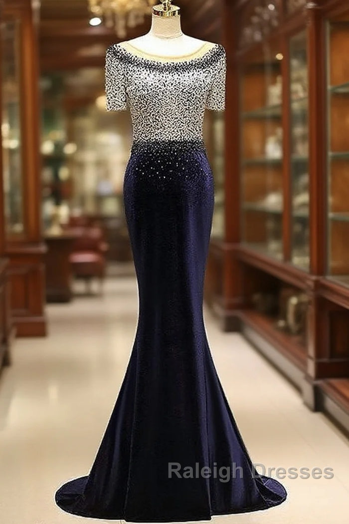 Fleece & Lace Scoop Short Sleeve Mermaid Evening Dress Main image