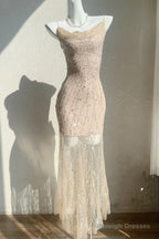 Flesh Pink Spaghetti Strap Mermaid Tulle Sequined Prom Dress Birthday Dress