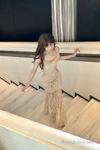 Flesh Pink Spaghetti Strap Mermaid Tulle Sequined Prom Dresses Birthday Dresses