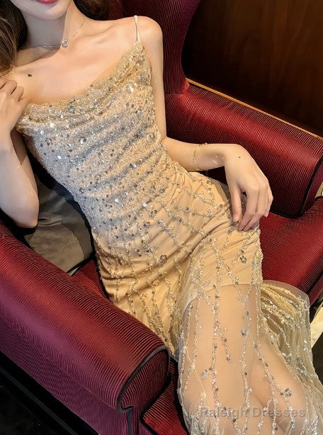 Flesh Pink Spaghetti Strap Mermaid Tulle Sequined Prom Dresses Birthday Dresses