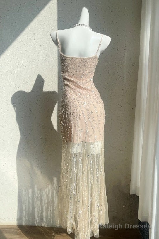 Flesh Pink Spaghetti Strap Mermaid Tulle Sequined Prom Dresses Birthday Dresses