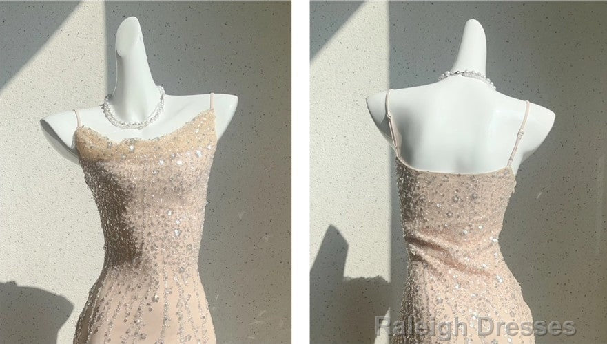 Flesh Pink Spaghetti Strap Mermaid Tulle Sequined Prom Dresses Birthday Dresses