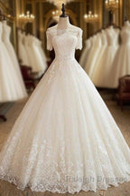 Floor Length Applique Ball Gown Off the Shoulder Lace Tulle 1/2 Sleeves Wedding Dresses