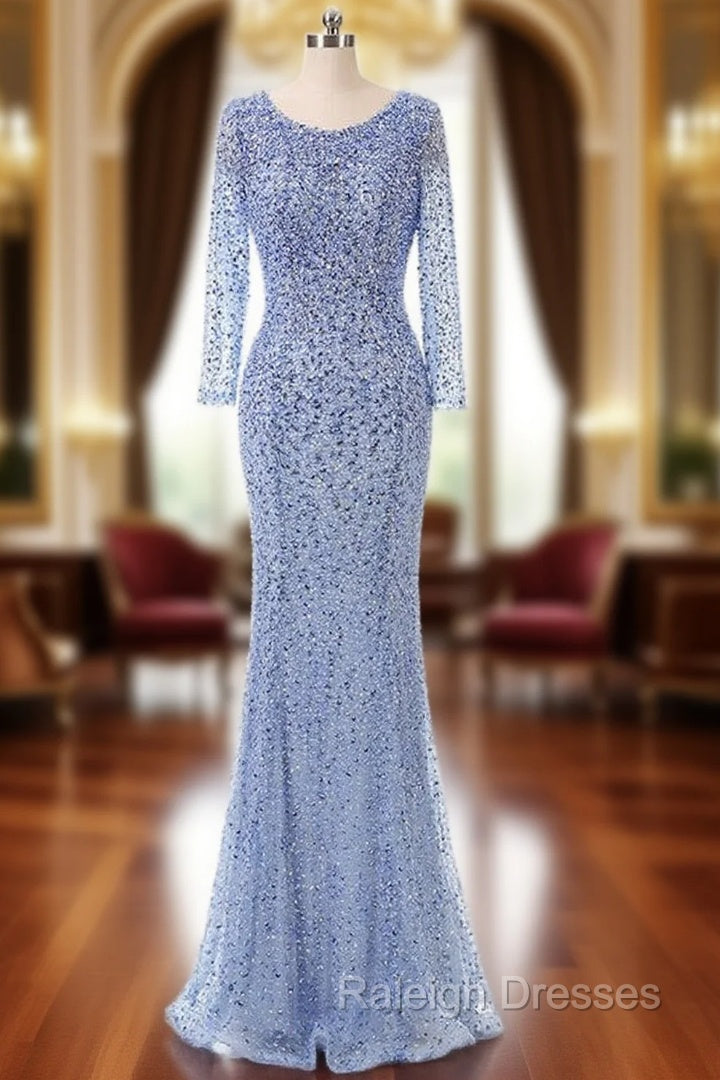 Floor-length Beading Sequin Fishtail Long Sleeve Evening Dress