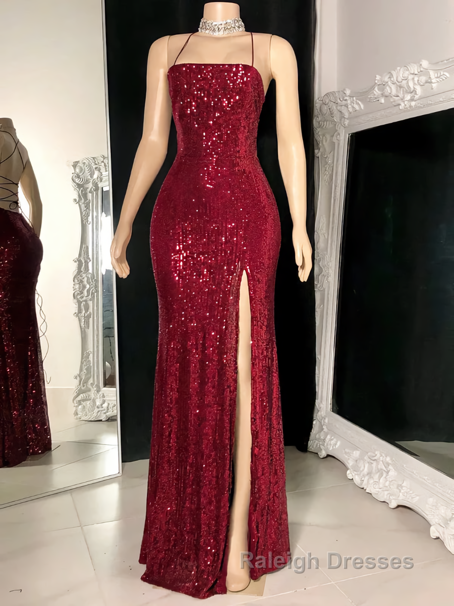 Floor Length Burgundy Sequin Long Evening Dresses