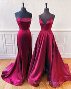 Floor Length Long Satin Burgundy Prom Dresses  With Split