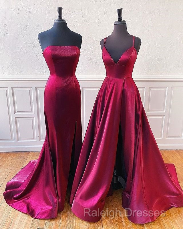 Floor Length Long Satin Burgundy Prom Dresses  With Split