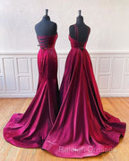 Floor Length Long Satin Burgundy Prom Dresses  With Split