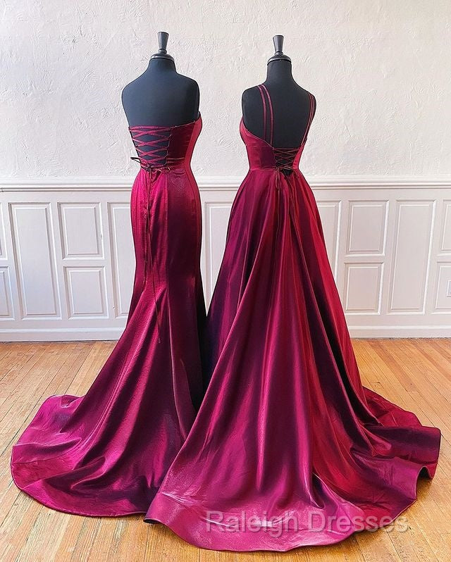 Floor Length Long Satin Burgundy Prom Dresses  With Split