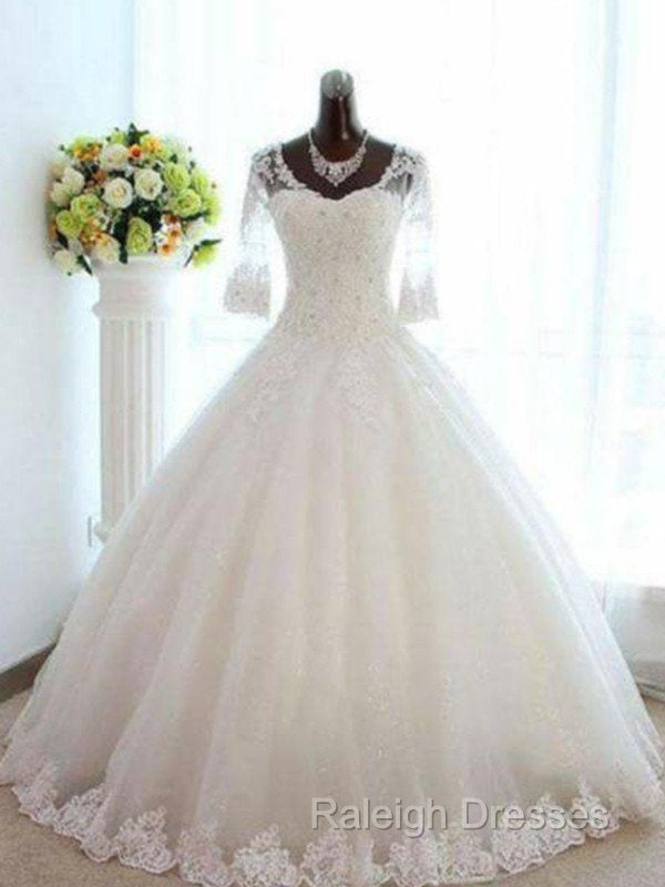 Floor Length Tulle Ball Gown Beading V neck 3/4 Sleeves Bateau Wedding Dresses Secondary image