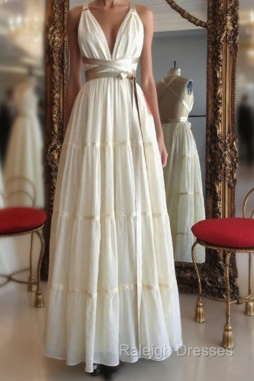 Floor Length Vintage Wedding Dress V-neck Backless With Belt