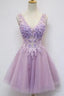 Floral A-Line V-Neck Knee Length Tulle Homecoming Dress With Appliques