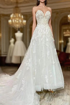 Floral Applique Sweetheart Long Wedding Dresses With Sweeping Train