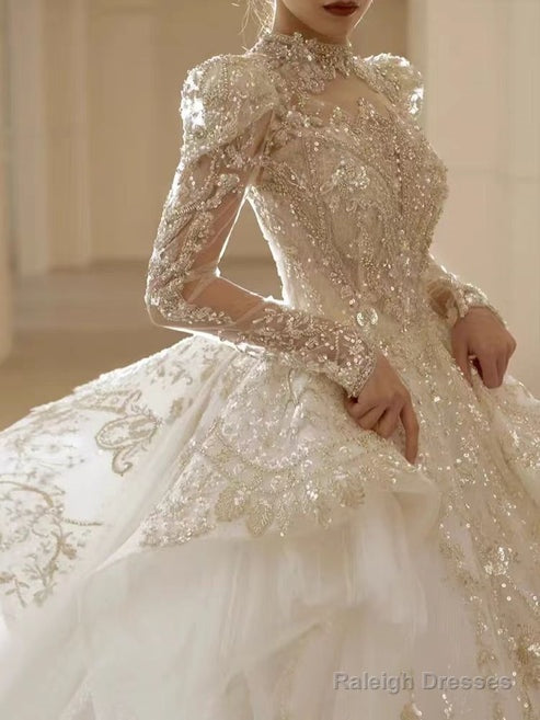 Floral Lace Off-Shoulder Fit And Flare Wedding Dresses Long Sleeve Sparkly Elegant
