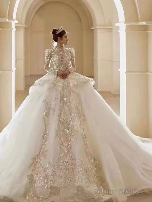 Floral Lace Off-Shoulder Fit And Flare Wedding Dress Long Sleeve Sparkly Elegant Main image