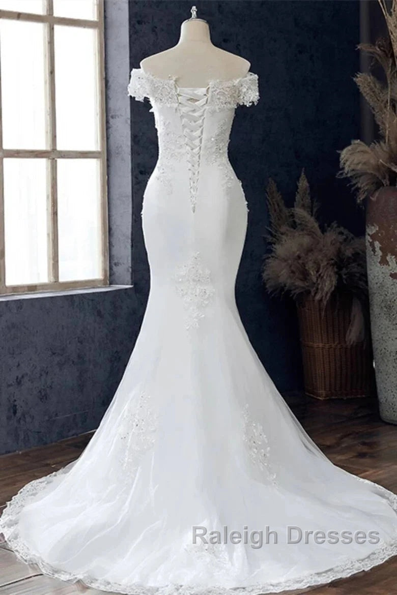 Floral Lace Off-The-Shoulder Trumpet Wedding Dresses