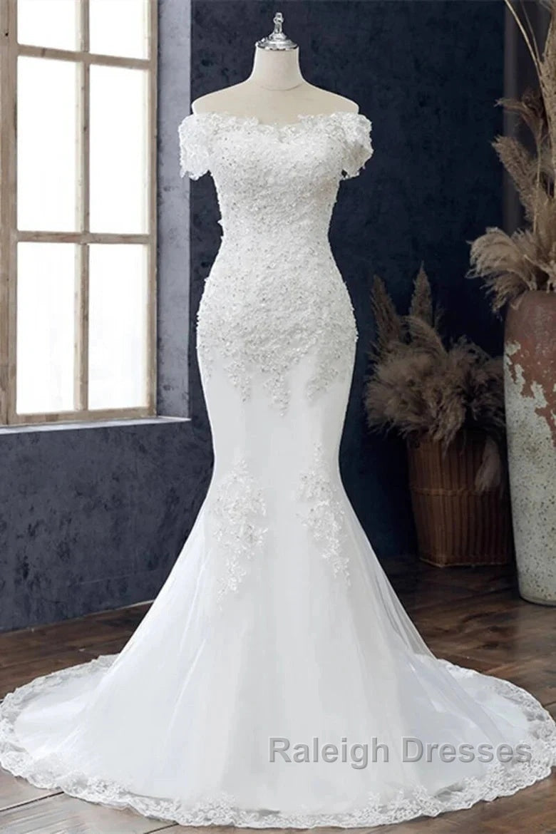 Floral Lace Off-The-Shoulder Trumpet Wedding Dress