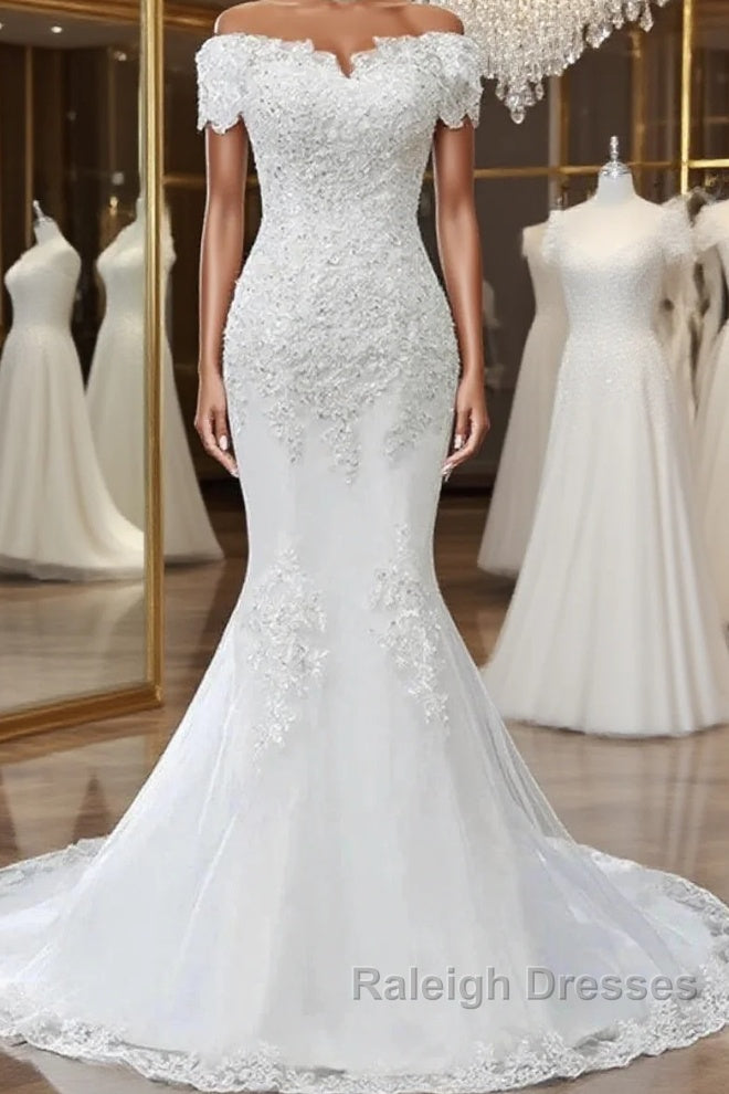 Floral Lace Off-The-Shoulder Trumpet Wedding Dresses Main image