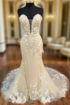 Floral Lace Strapless Mermaid Long Bridal Gown Wedding Dresses Off Shoulder