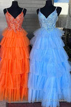 Floral Lace V-Neck Multi-Tiered A-Line Prom Dress