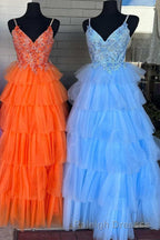 Floral Lace V Neck Multi-Tiered A Line Prom Dresses