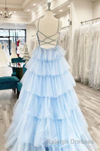 Floral Lace V Neck Multi-Tiered A Line Prom Dresses